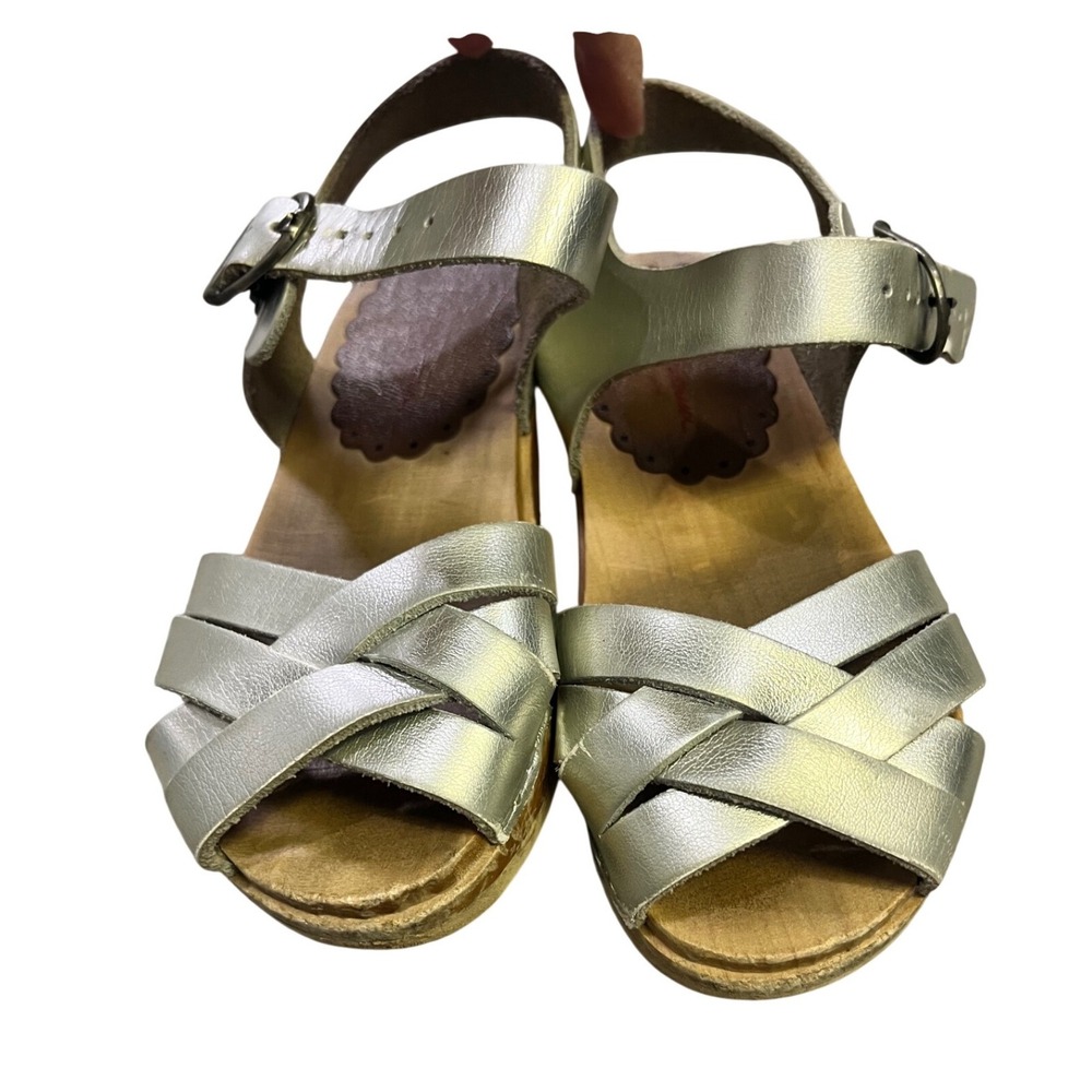 Kids Silver Leather Clog Sandals Wooden Sole Adjustable Strap Size 28